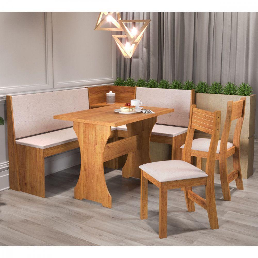 Mesa Com Banco Canto Estofado E 2 Cadeiras Golden Mel Tecido Linho Amendoa Viero Mel / Amendoa - 4