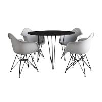 Mesa Jantar Redonda 110Cm Preta Clips 3 Pés Com 4 Poltronas Brancas Ferro Preto Preto - 6