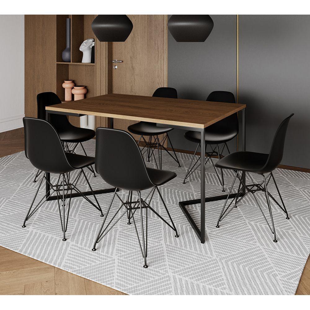 Mesa Industrial Jantar Retangular 137X90Cm Amêndoa Base V Com 6 Cadeiras Eames Eiffel Pretas Ferro P - 1