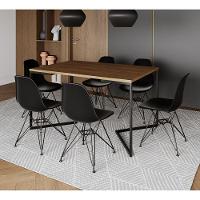 Mesa Industrial Jantar Retangular 137X90Cm Amêndoa Base V Com 6 Cadeiras Eames Eiffel Pretas Ferro P - 1