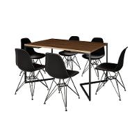 Mesa Industrial Jantar Retangular 137X90Cm Amêndoa Base V Com 6 Cadeiras Eames Eiffel Pretas Ferro P - 6