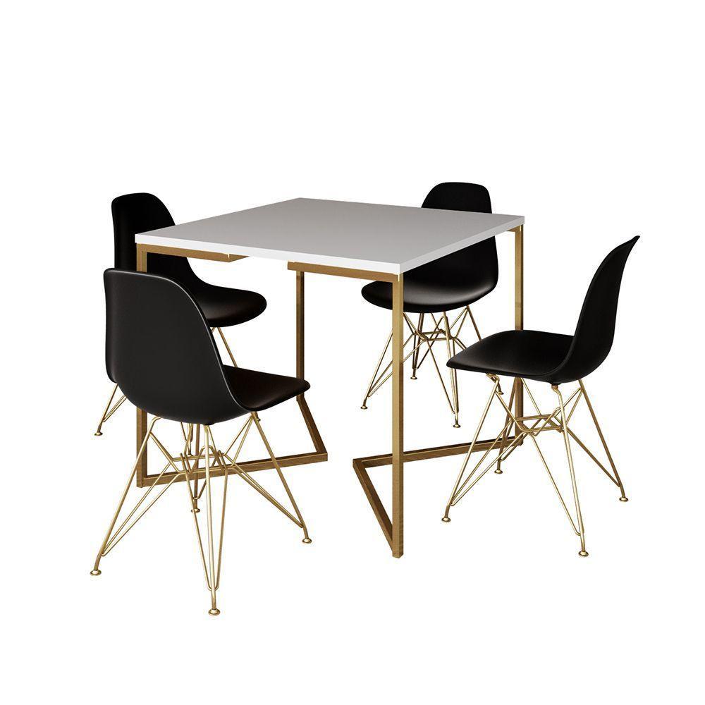Mesa Jantar Industrial Quadrada 90Cm Branca Base V Com 4 Cadeiras Eames Eiffel Pretas Base Dourada - 6