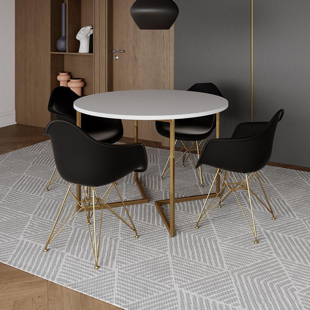 Mesa Jantar Industrial Branca 110Cm Redonda Base V Com 4 Poltronas Daw Pretas Base Dour Branco - 1
