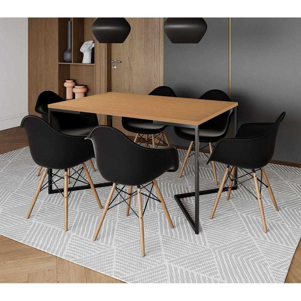 Mesa Jantar Industrial Canela Retangular 137X90Cm Base V Ferro Preto Com 6 Poltronas Pr Marrom - 1