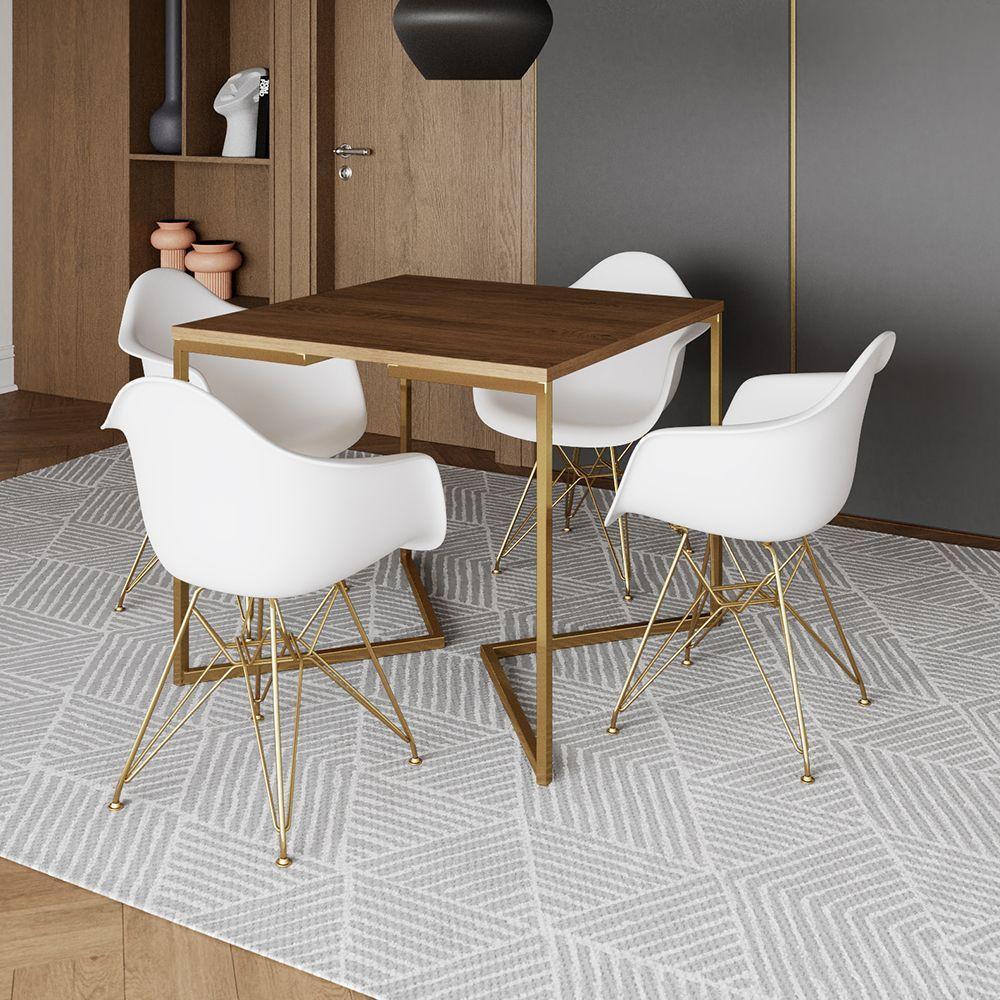 Mesa Jantar Industrial Quadrada 90Cm Amêndoa Base V Com 4 Poltronas Daw Brancas Base Do Marrom - 1