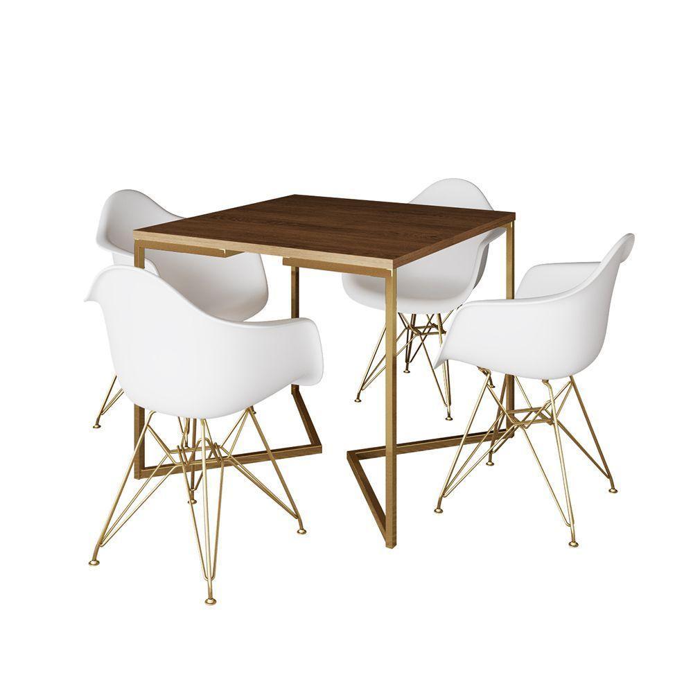 Mesa Jantar Industrial Quadrada 90Cm Amêndoa Base V Com 4 Poltronas Daw Brancas Base Do Marrom - 6