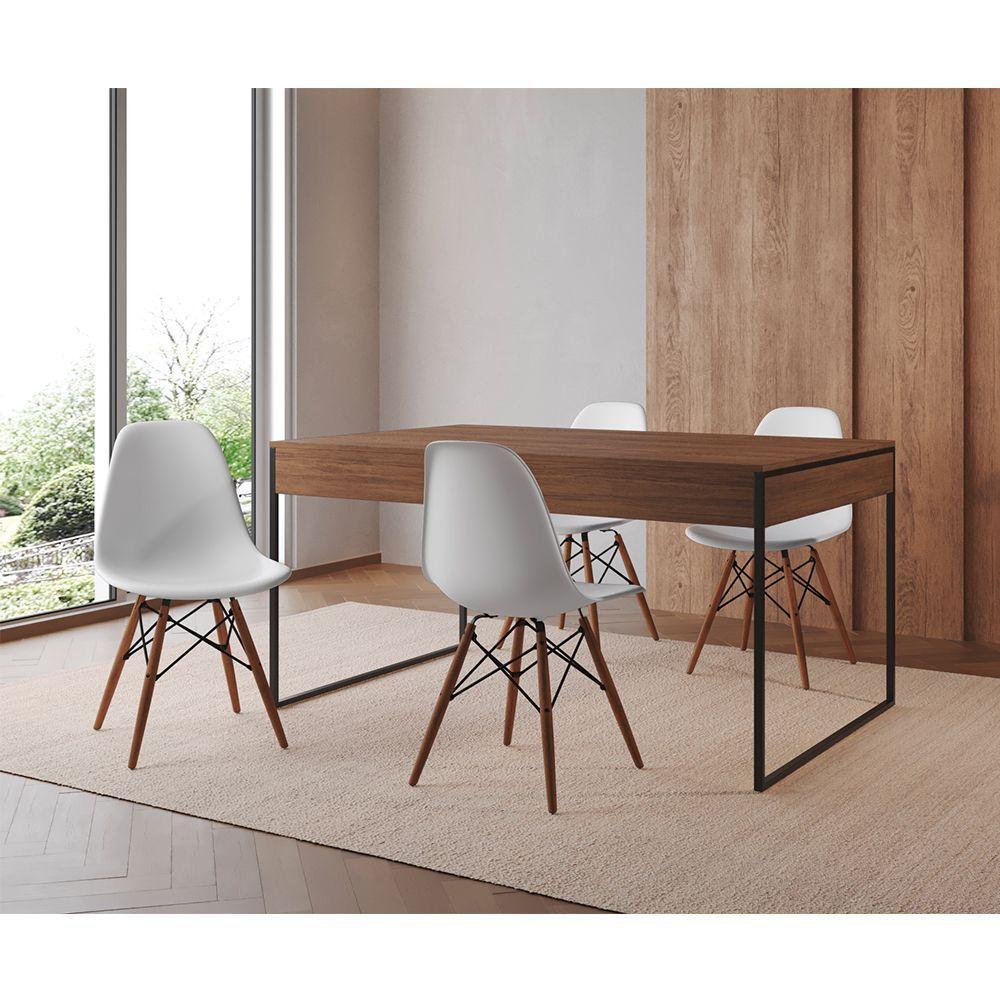 Mesa Jantar Industrial Retangular Filadélfia Amêndoa 137X90Cm Base Ferro Preto Com 4 Cadeiras Branca - 1