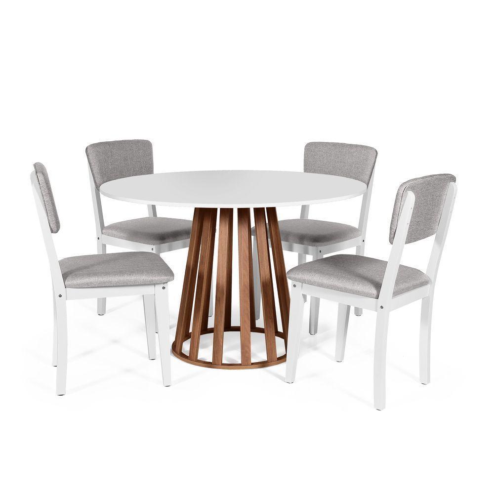 Mesa De Jantar Redonda Gabi Bran/nor Com 4 Cadeiras Estofadas Ella Branco/cinza Claro - 1