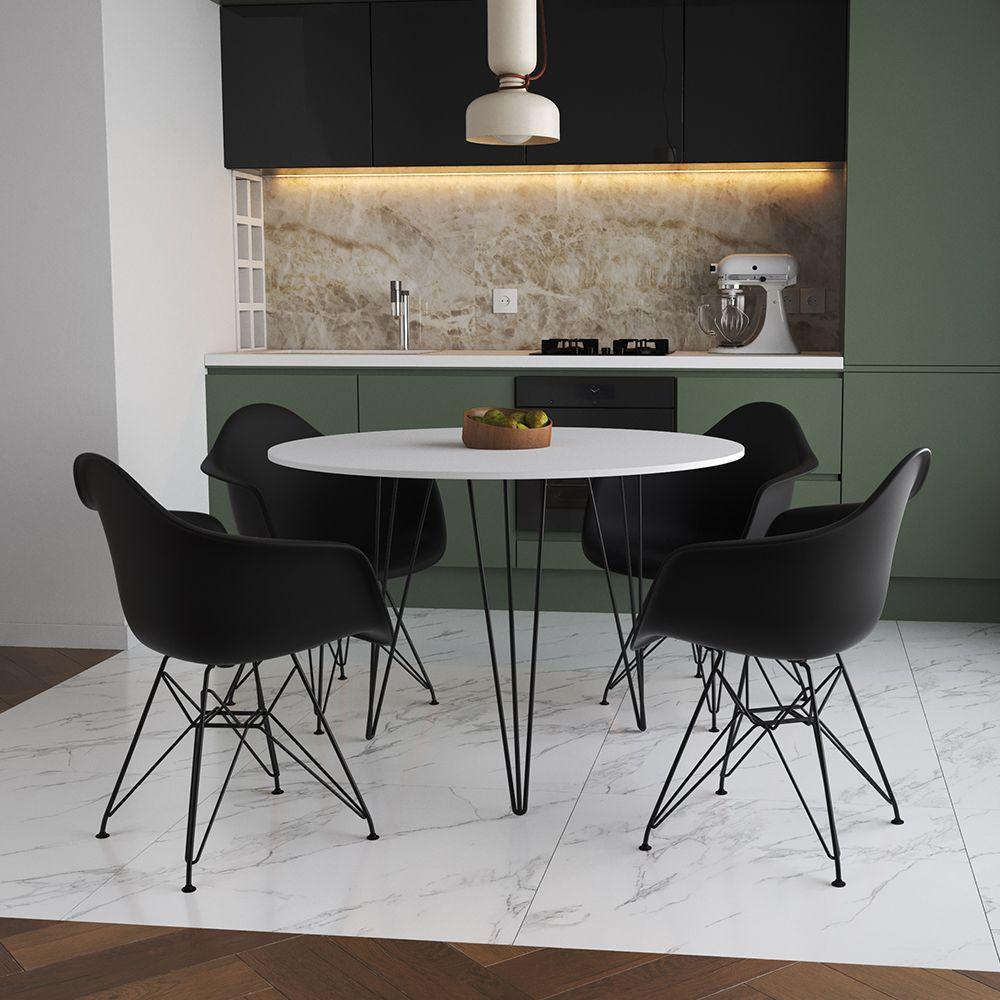 Mesa Jantar Redonda 110Cm Branca Clips 3 Pés Com 4 Poltronas Pretas Ferro Preto Branco - 1