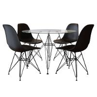 Mesa De Jantar Eames Eiffel De Ferro Preto Tampo Redondo Vidro 110Cm Com 4 Cadeiras Pretas - 1