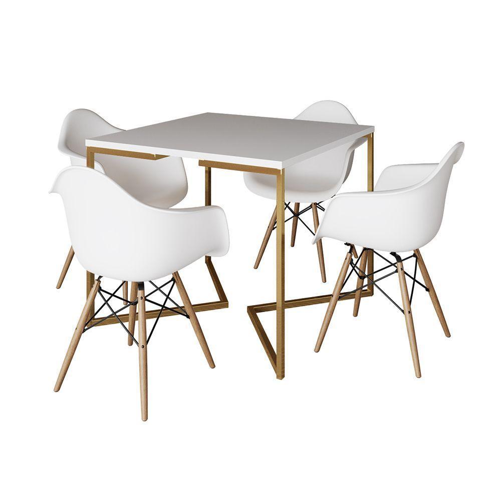 Mesa Jantar Industrial Quadrada 90Cm Branca Base V Dourada Com 4 Poltronas Daw Madeira Marrom - 6