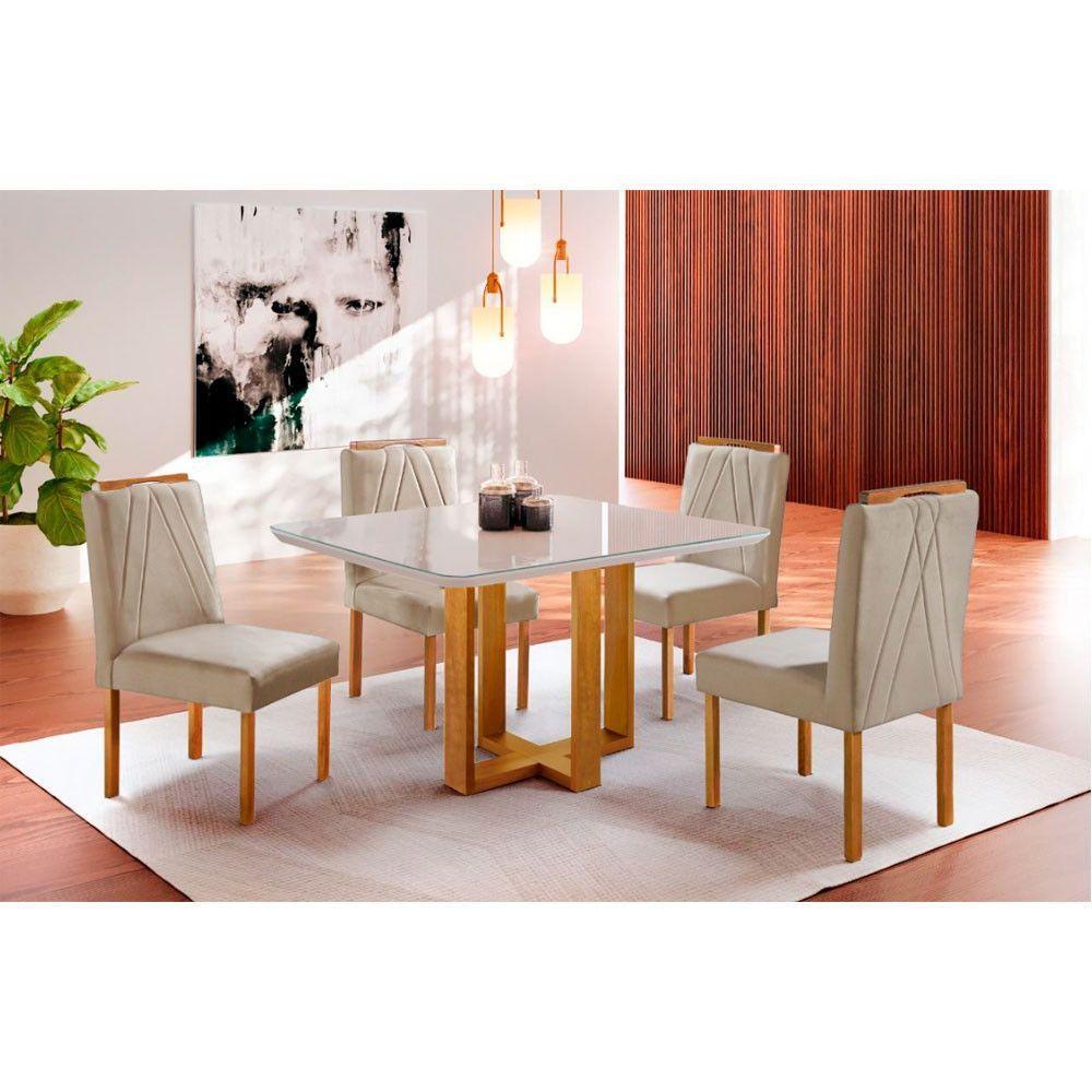 Conjunto Sala De Jantar 4 Lugares Paris Mesa Quadrada Veludo Móveis Mix Mel/off-white/bege - 1