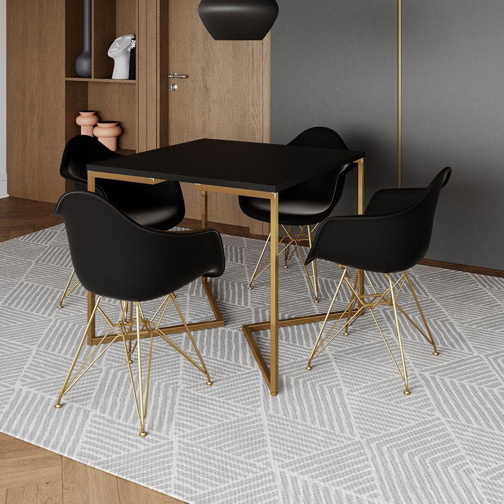 Mesa Jantar Industrial Quadrada 90Cm Preta Base V Com 4 Poltronas Daw Pretas Base Doura Marrom - 1