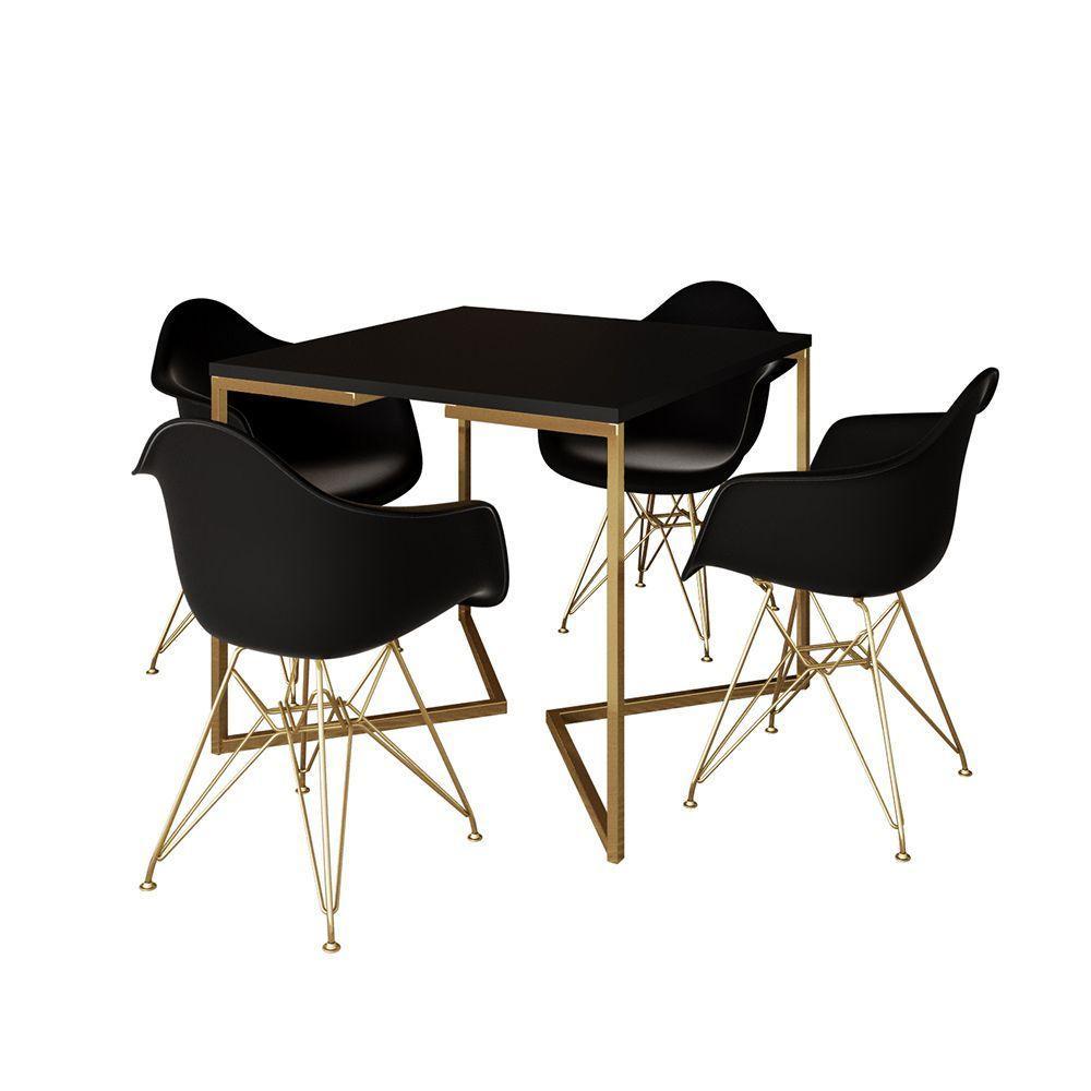 Mesa Jantar Industrial Quadrada 90Cm Preta Base V Com 4 Poltronas Daw Pretas Base Doura Marrom - 7
