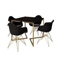 Mesa Jantar Industrial Quadrada 90Cm Preta Base V Com 4 Poltronas Daw Pretas Base Doura Marrom - 10
