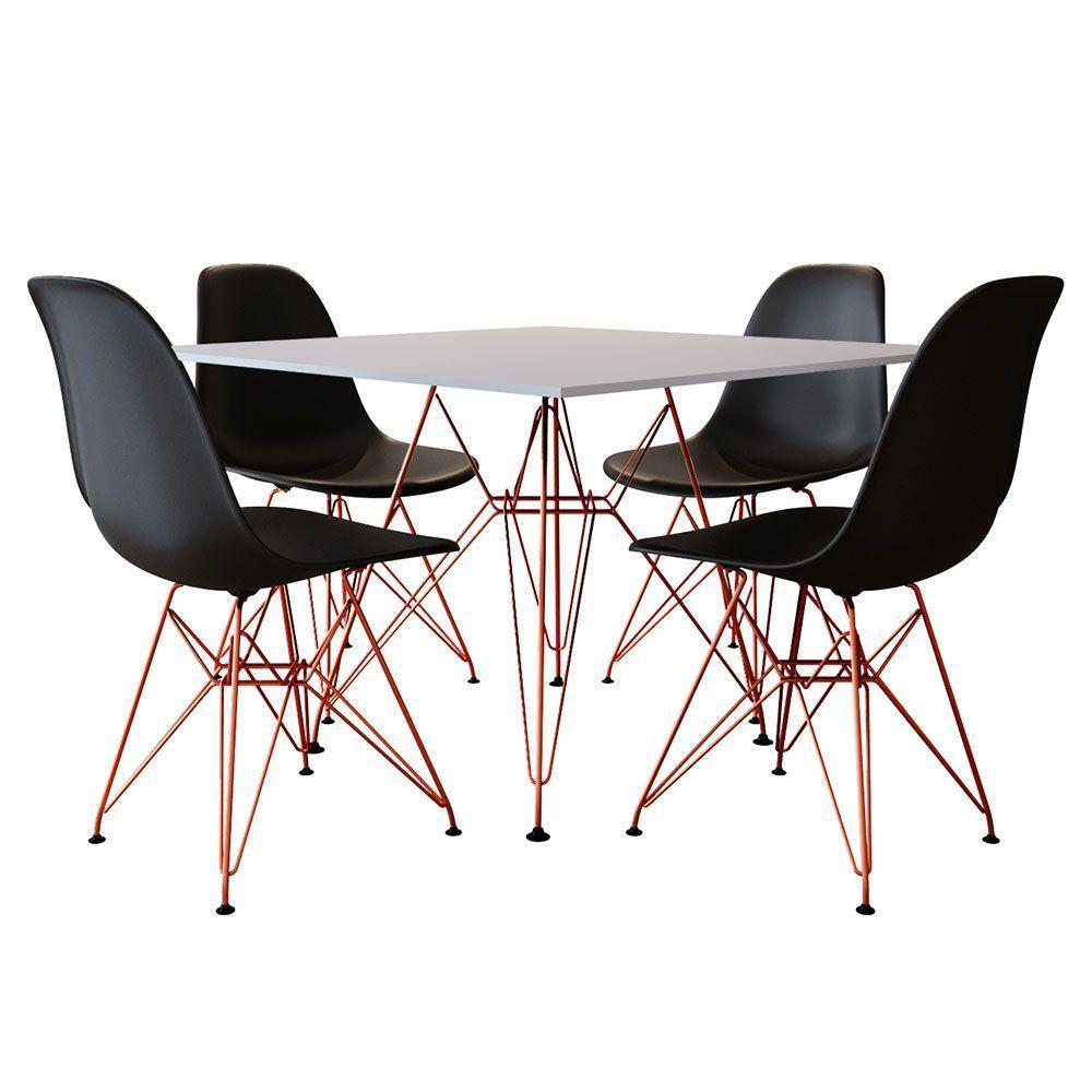 Mesa De Jantar Eames Eiffel Quadrada Branca 90Cm Com 4 Cadeiras Pretas Base Ferro Cobre - 1