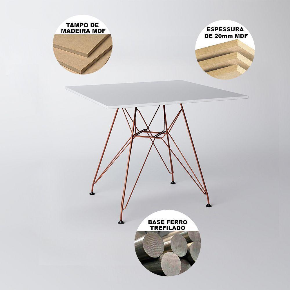 Mesa De Jantar Eames Eiffel Quadrada Branca 90Cm Com 4 Cadeiras Pretas Base Ferro Cobre - 4