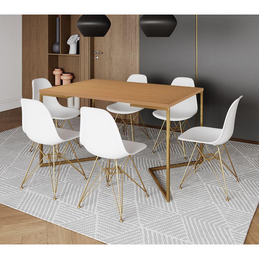 Mesa Jantar Industrial Retangular 137X90Cm Canela Base V Com 6 Cadeiras Eames Eiffel Brancas Base Do - 1