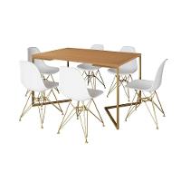 Mesa Jantar Industrial Retangular 137X90Cm Canela Base V Com 6 Cadeiras Eames Eiffel Brancas Base Do - 6
