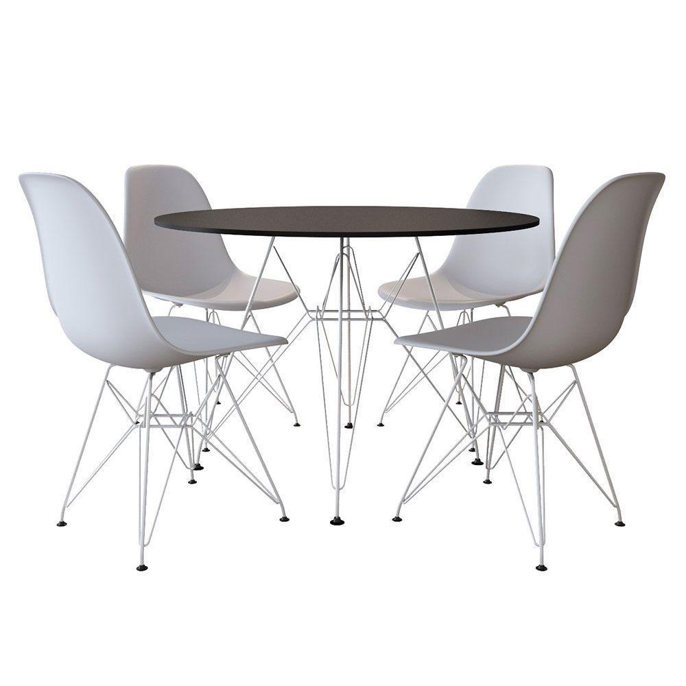 Conjunto De Jantar Eames Eiffel Tampo Redondo 110Cm Com 4 Cadeiras Brancas Base De Ferro Branco - 1