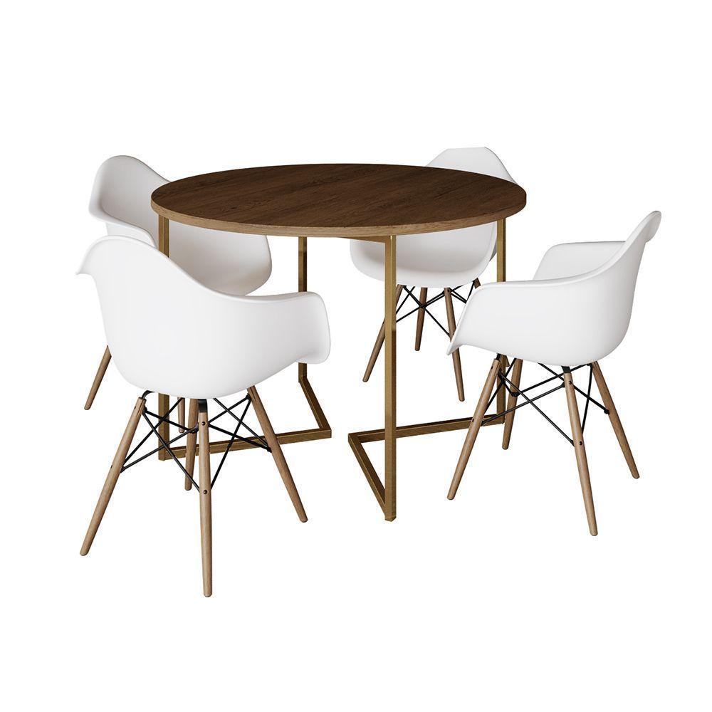 Mesa Jantar Industrial Redonda 110Cm Amêndoa Base V Dourada Com 4 Poltronas Daw Madeira Marrom - 6