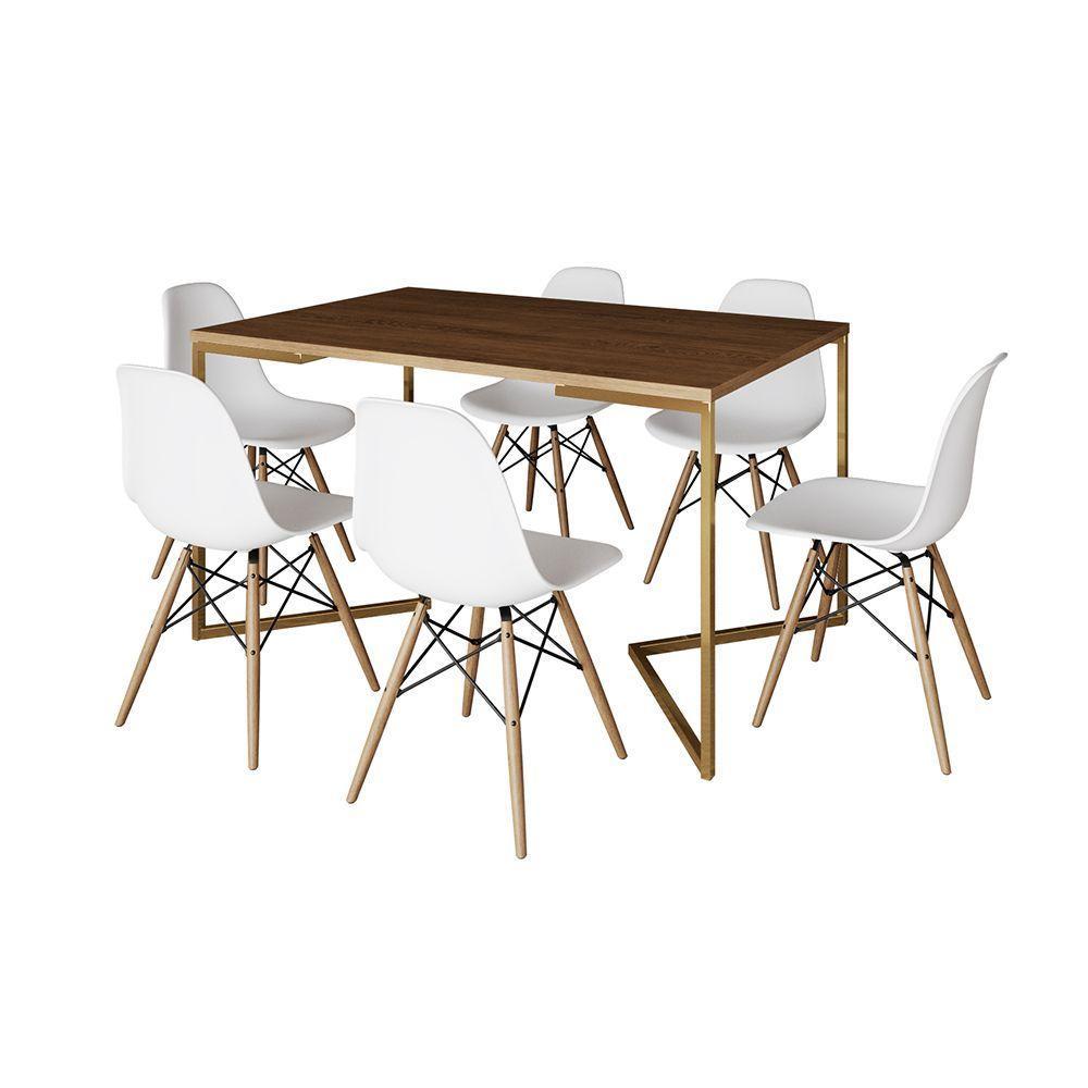 Mesa Jantar Industrial Retangular 137X90Cm Amêndoa Base V Dourada Com 6 Cadeiras Eames Eiffel Madeir - 6