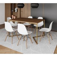 Mesa Jantar Industrial Retangular 137X90Cm Amêndoa Base V Dourada Com 6 Cadeiras Eames Eiffel Madeir - 1