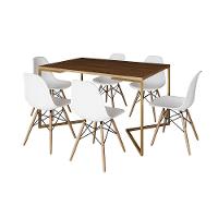 Mesa Jantar Industrial Retangular 137X90Cm Amêndoa Base V Dourada Com 6 Cadeiras Eames Eiffel Madeir - 6