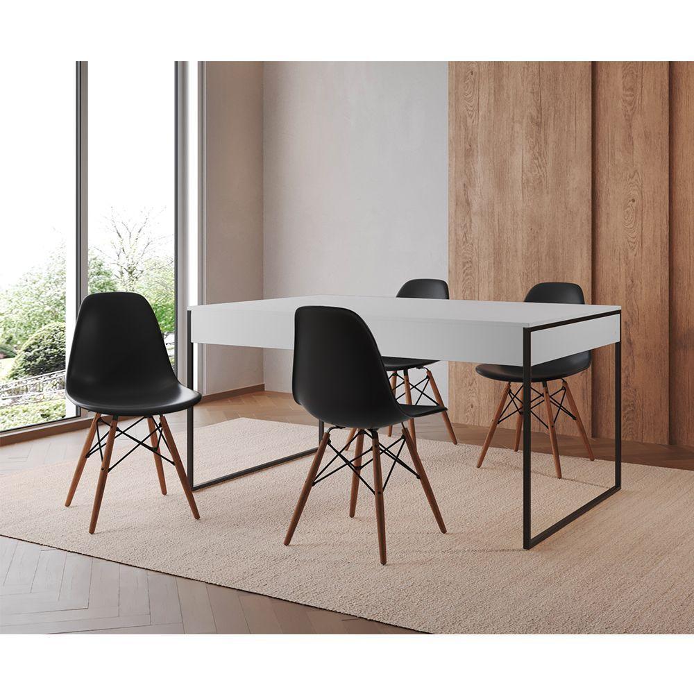 Mesa Jantar Industrial Retangular Filadélfia Branca 137X90Cm Base Ferro Preto Com 4 Cadeiras Pretas - 1