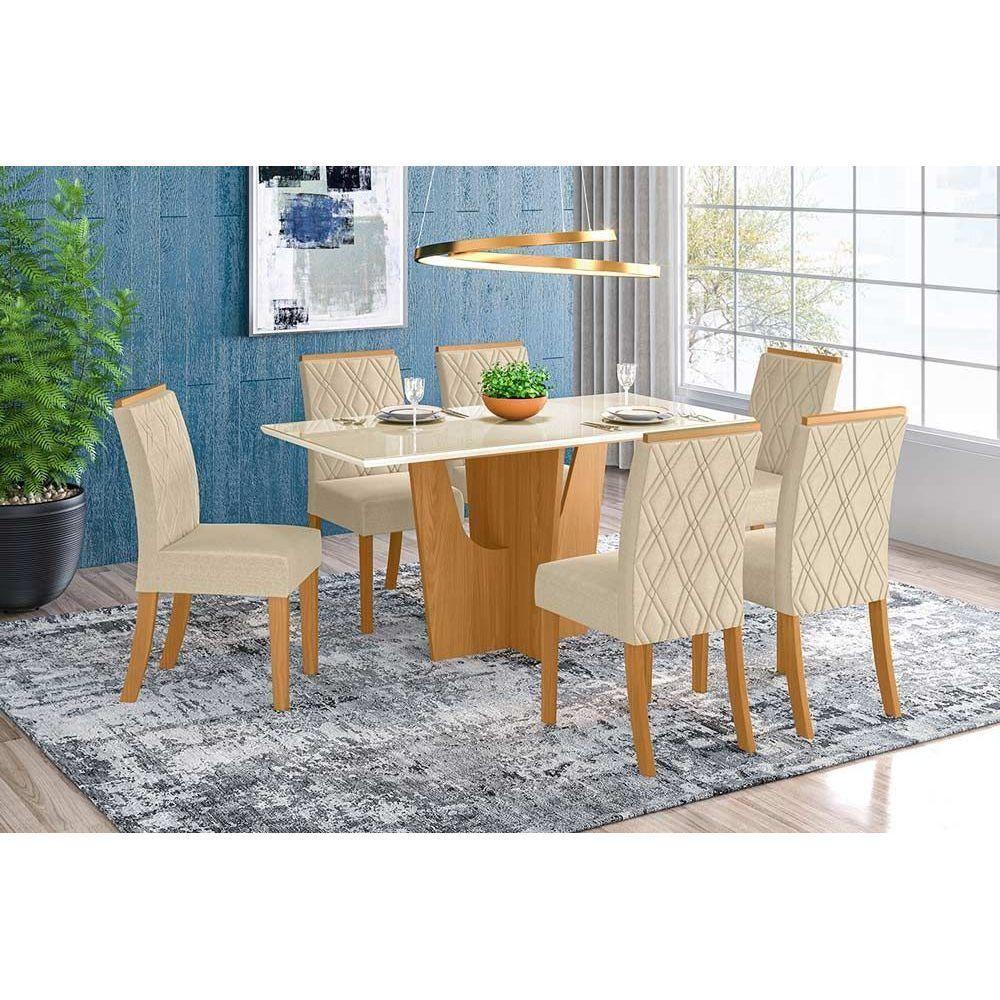 Conjunto: Mesa Sala Jantar Vértice Tampo Madeirado 160cm Canto Reto + 6 Cadeiras Vita Nature/Linho - Henn - 1