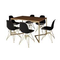 Mesa Jantar Industrial Retangular 137X90Cm Amêndoa Base V Com 6 Cadeiras Eames Eiffel Pretas Base Do - 6