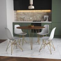 Mesa Jantar Redonda 110Cm Amêndoa Clips 3 Pés Com 4 Cadeiras Eames Eiffel Brancas Base Dourada - 1