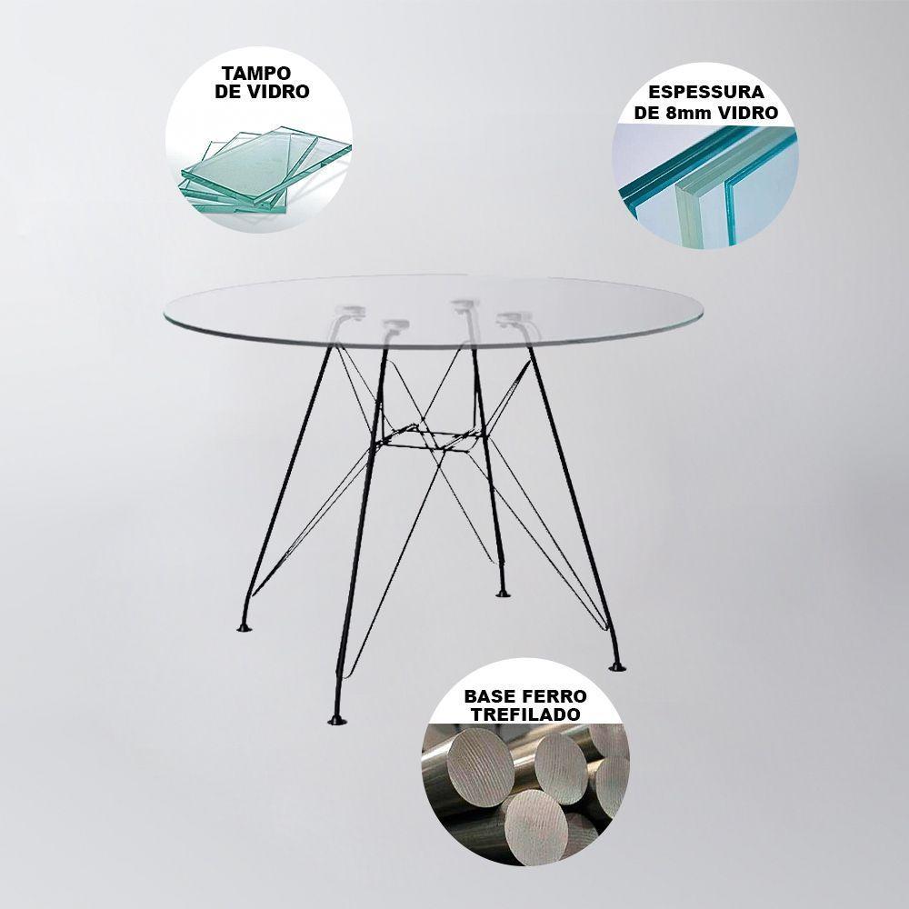Mesa De Jantar Com 4 Cadeiras Brancas Eames Eiffel Tampo Vidro Redondo 110Cm Base De Ferro Preto - 5