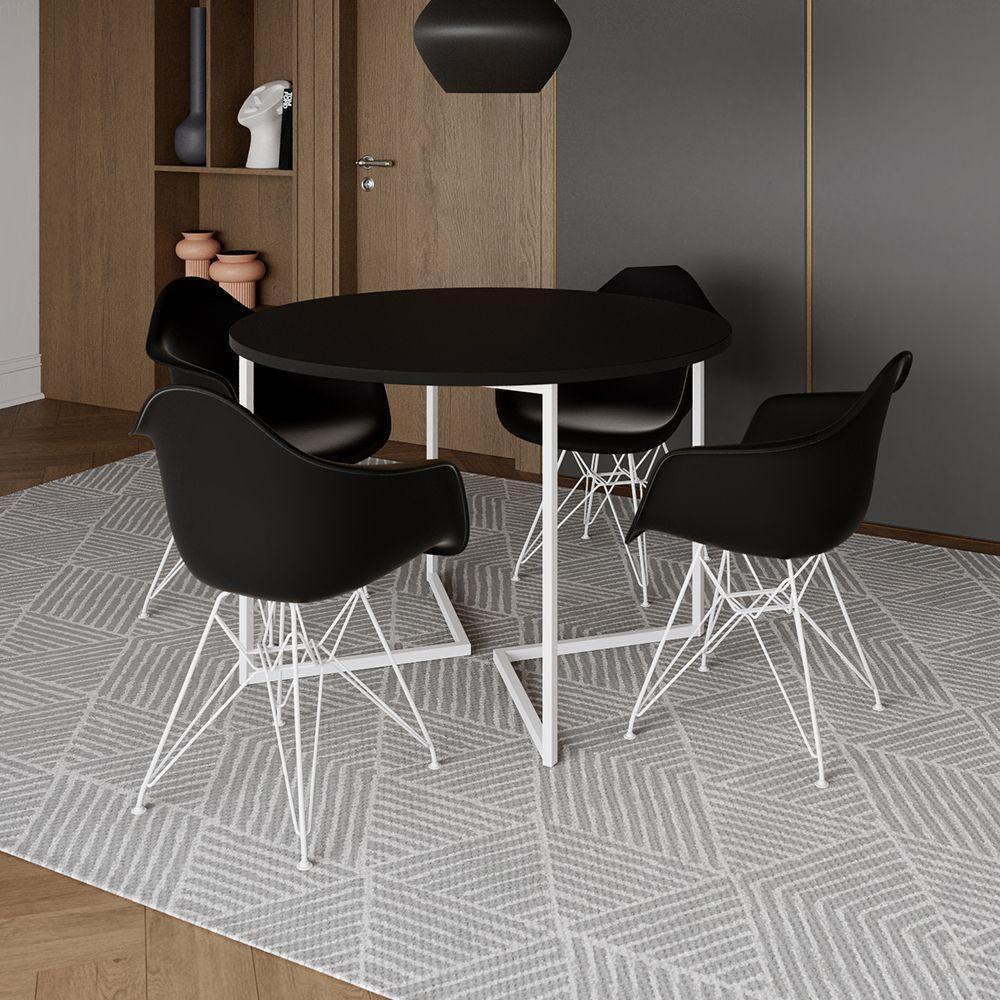 Mesa Industrial Jantar Redonda Preta 110Cm Base V Com 4 Poltronas Daw Pretas Ferro Bran Marrom - 1
