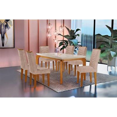 Conjunto: Mesa Sala Jantar Londrina c/ Tampo Madeirado c/ Vidro 180cm + 6 Cadeiras Londrina Imbuia/Linho Esmeralda - Rufato