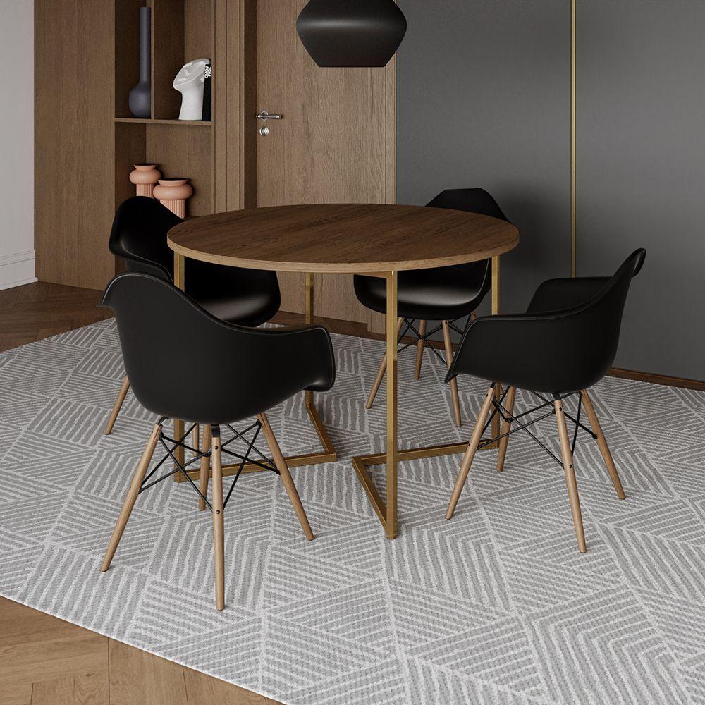 Mesa Jantar Industrial Redonda 110Cm Amêndoa Base V Dourada Com 4 Poltronas Daw Madeira Marrom - 1