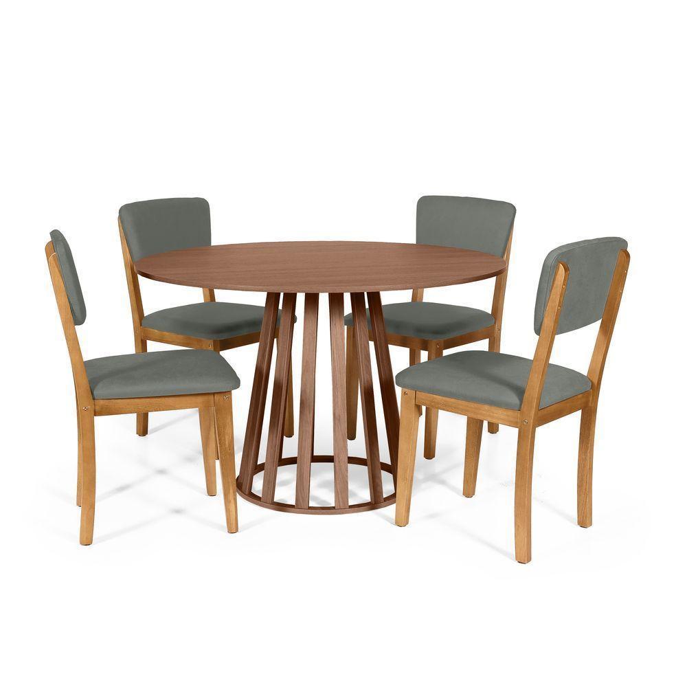 Mesa De Jantar Redonda Gabi Noronha Com 4 Cadeiras Estofadas Ella Cinza - 1