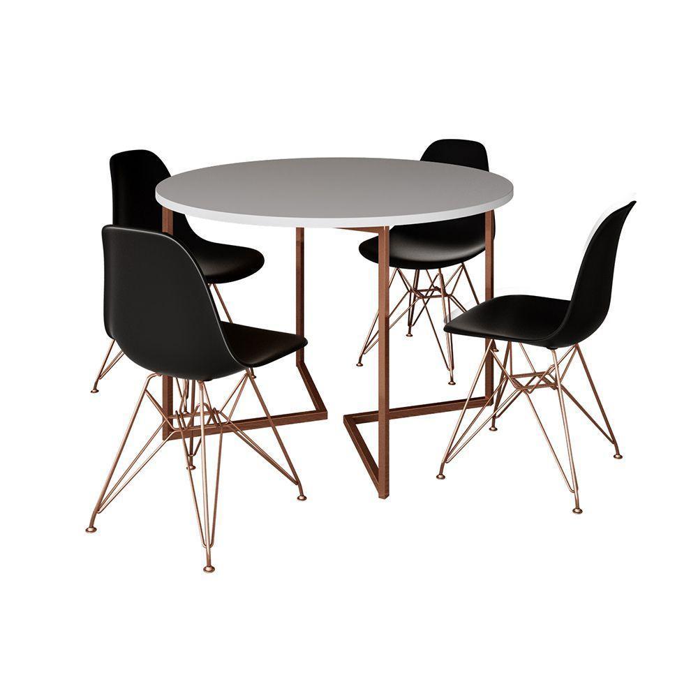 Mesa Industrial Jantar Redonda Branca 110Cm Base V Com 4 Cadeiras Eames Pretas Base Cobre - 6
