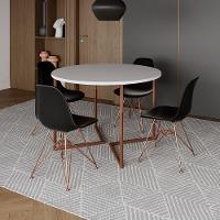 Mesa Industrial Jantar Redonda Branca 110Cm Base V Com 4 Cadeiras Eames Pretas Base Cobre - 1