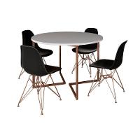Mesa Industrial Jantar Redonda Branca 110Cm Base V Com 4 Cadeiras Eames Pretas Base Cobre - 6