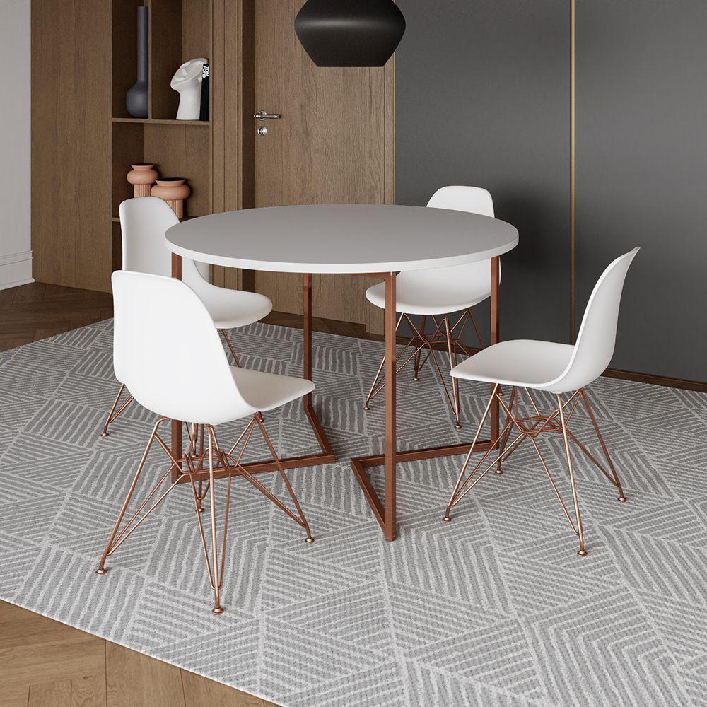 Mesa Industrial Jantar Redonda Branca 110Cm Base V Com 4 Cadeiras Eames Brancas Base Cobre - 1
