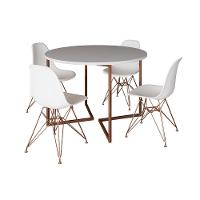 Mesa Industrial Jantar Redonda Branca 110Cm Base V Com 4 Cadeiras Eames Brancas Base Cobre - 6