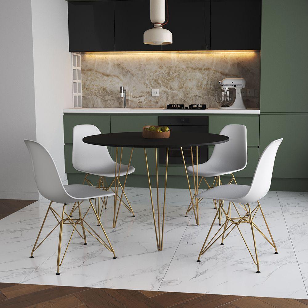 Mesa Jantar Redonda 110Cm Preta Clips 3 Pés Com 4 Cadeiras Eames Eiffel Brancas Base Dourada - 1
