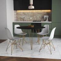 Mesa Jantar Redonda 110Cm Preta Clips 3 Pés Com 4 Cadeiras Eames Eiffel Brancas Base Dourada - 1