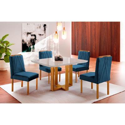 Conjunto de Jantar Lisy 4 Lugares Tampo MDF com Cadeiras Suede Off White Azul Turquesa Escuro