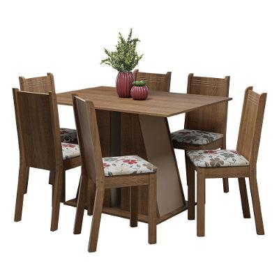 Conjunto de Jantar Sharon 6 Lugares Tampo em MDP com Cadeiras Estofadas Floral Hibiscos Rustic Crema