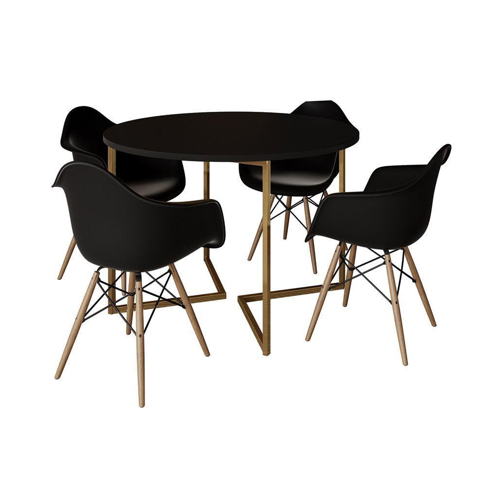 Mesa Jantar Industrial Redonda 110Cm Preta Base V Dourada Com 4 Poltronas Daw Madeira P Preto - 7