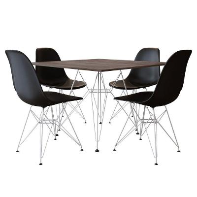 Mesa De Jantar Eames Eiffel Amêndoa 90Cm Quadrada Com 4 Cadeiras Pretas Base Ferro Branco