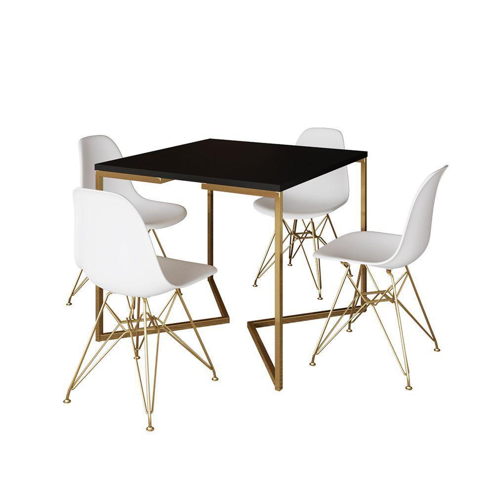 Mesa Jantar Industrial Quadrada 90Cm Preta Base V Com 4 Cadeiras Eames Eiffel Brancas Base Dourada - 6