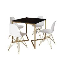 Mesa Jantar Industrial Quadrada 90Cm Preta Base V Com 4 Cadeiras Eames Eiffel Brancas Base Dourada - 6